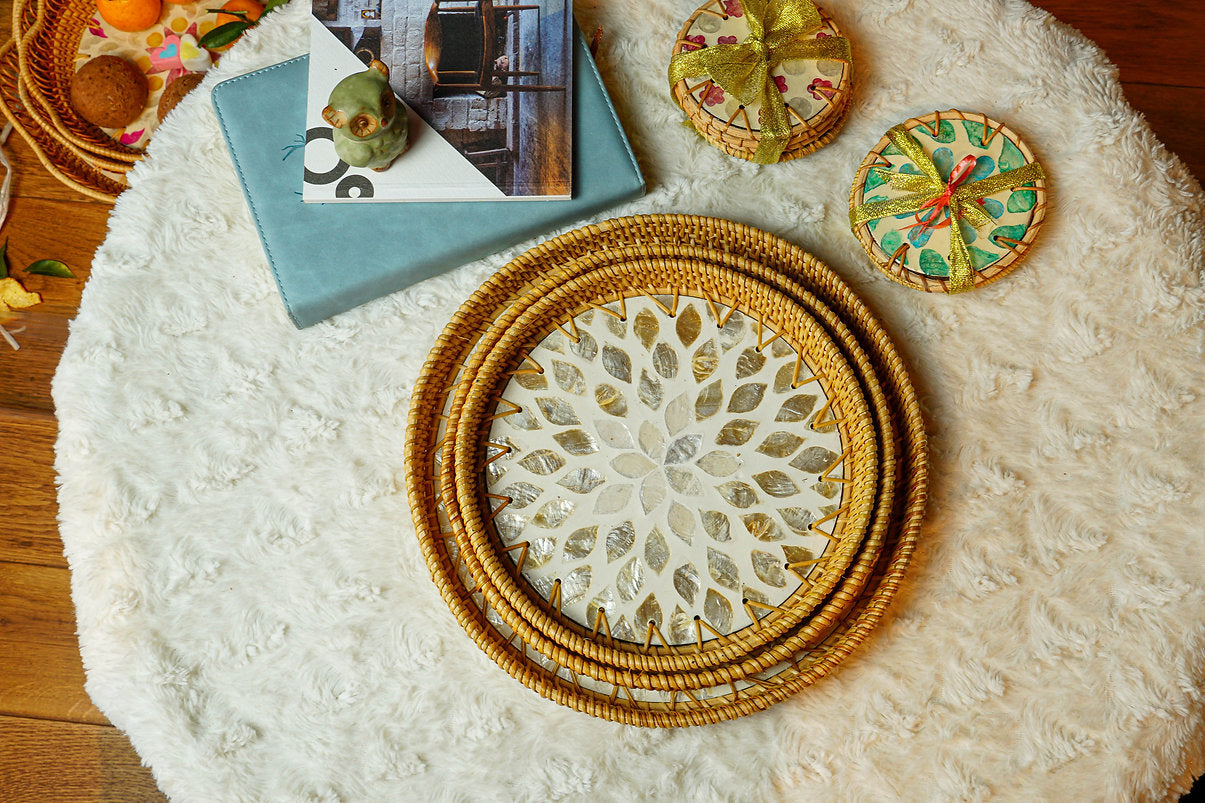 Set of 3 Round Rattan Inlaid Trays with Cloud Pattern - maystudio