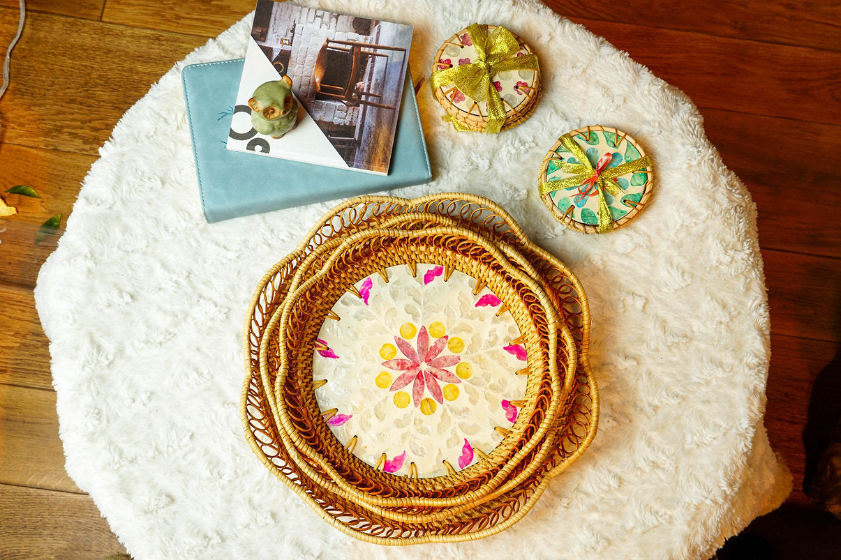 Set of 3 Round Pink Flower Rattan Inlaid Trays - maystudio