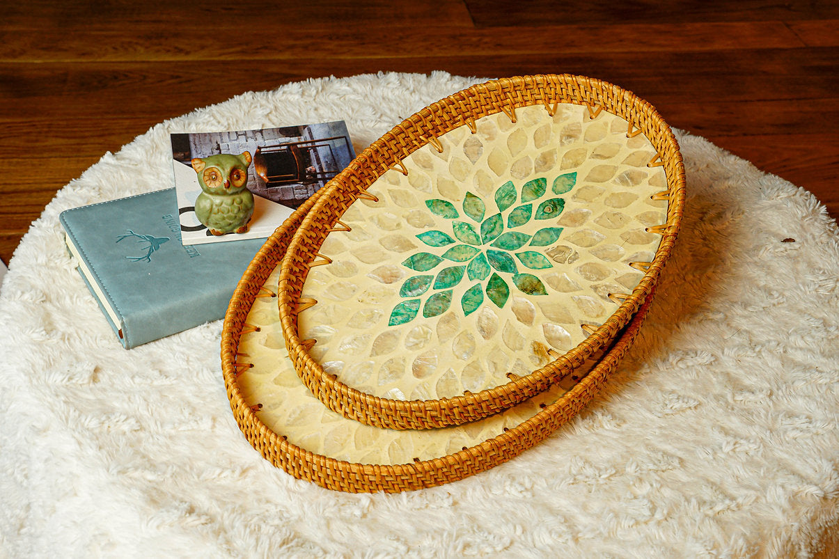 Set of 2 Oval Rattan Inlaid Trays with Cloud Edges - maystudio