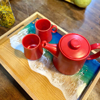 Acacia Wood Tea Tray with Resin Beach Ocean Design - maystudio