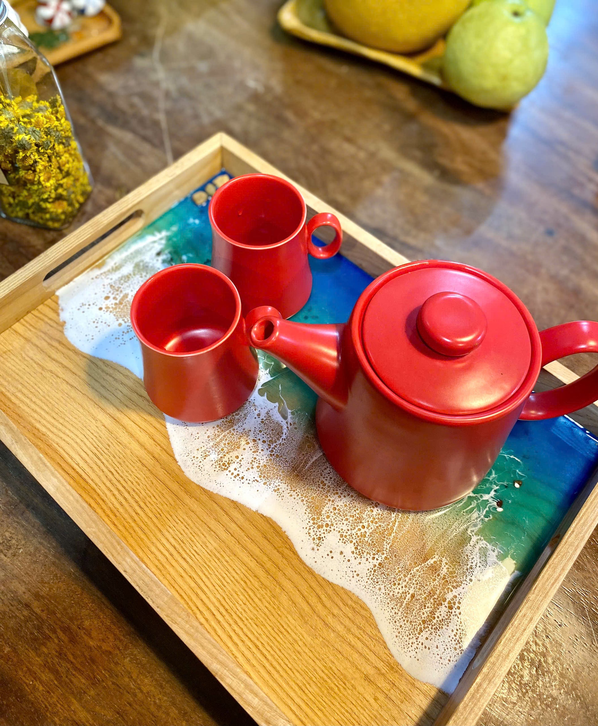 Acacia Wood Tea Tray with Resin Beach Ocean Design - maystudio