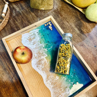 Acacia Wood Tea Tray with Resin Beach Ocean Design - maystudio