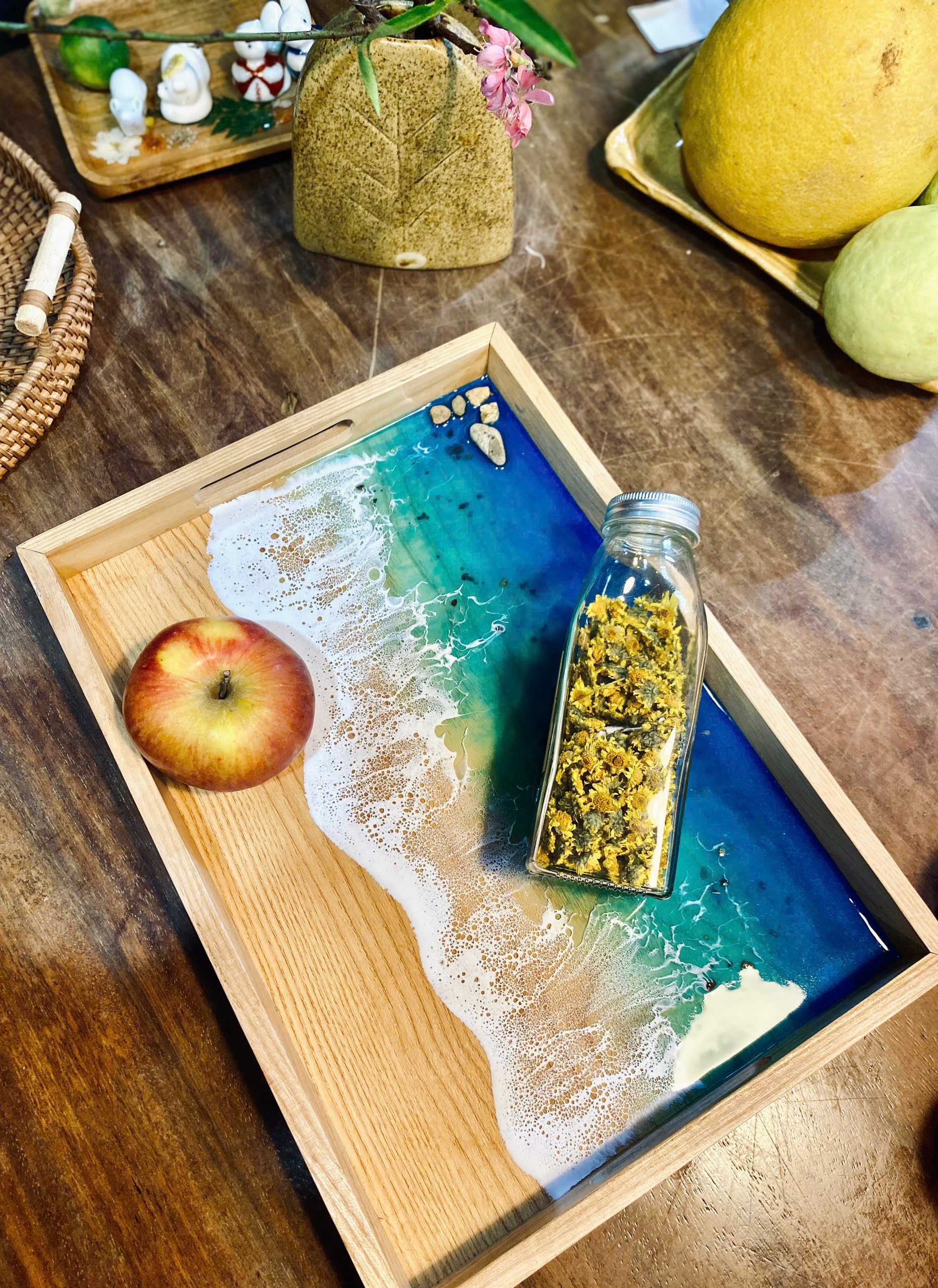 Acacia Wood Tea Tray with Resin Beach Ocean Design - maystudio