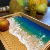Acacia Wood Tea Tray with Resin Beach Ocean Design - maystudio