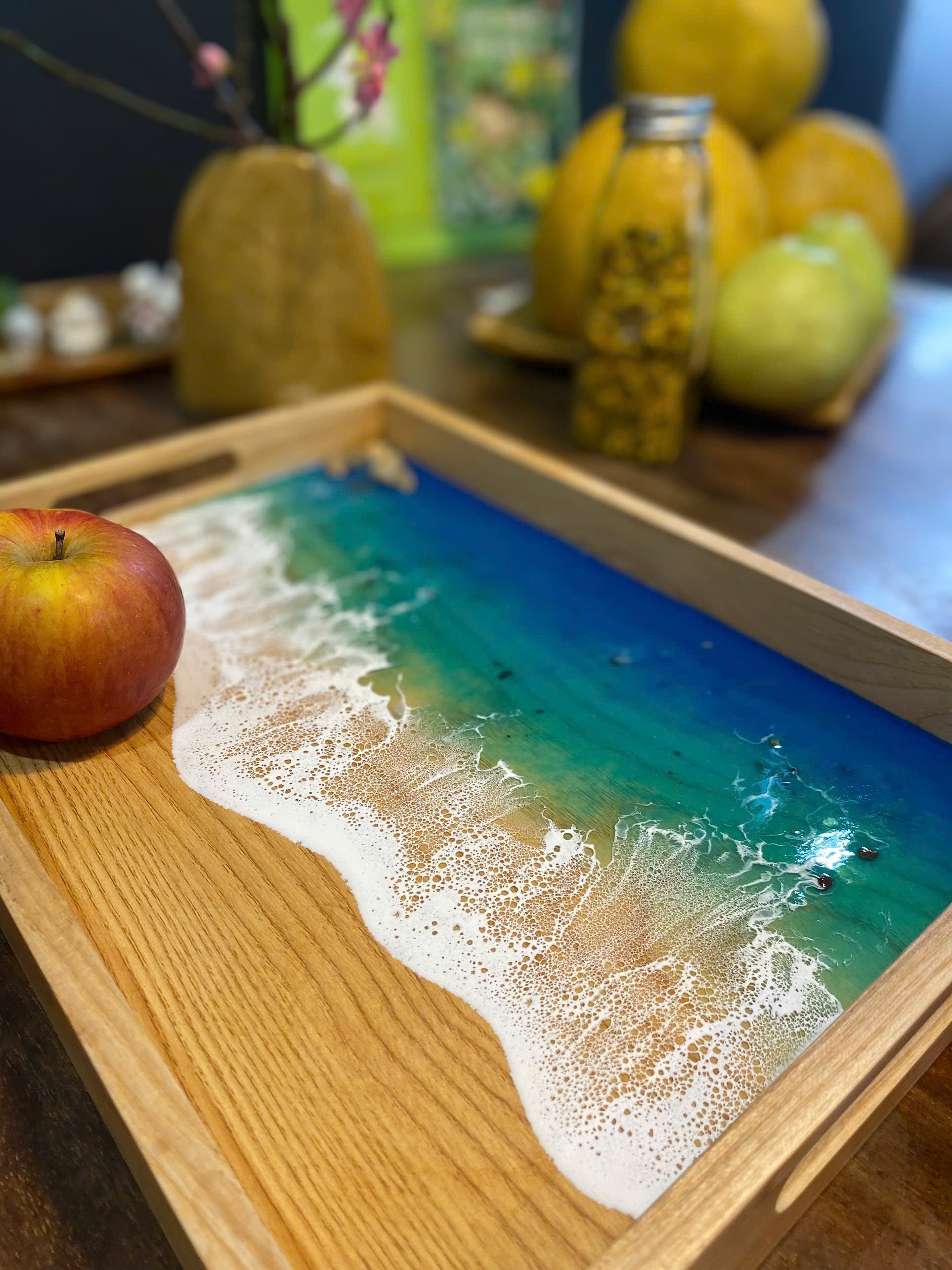 Acacia Wood Tea Tray with Resin Beach Ocean Design - maystudio