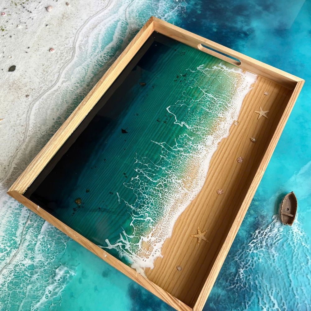 Acacia Wood Tea Tray with Resin Beach Ocean Design - maystudio - 