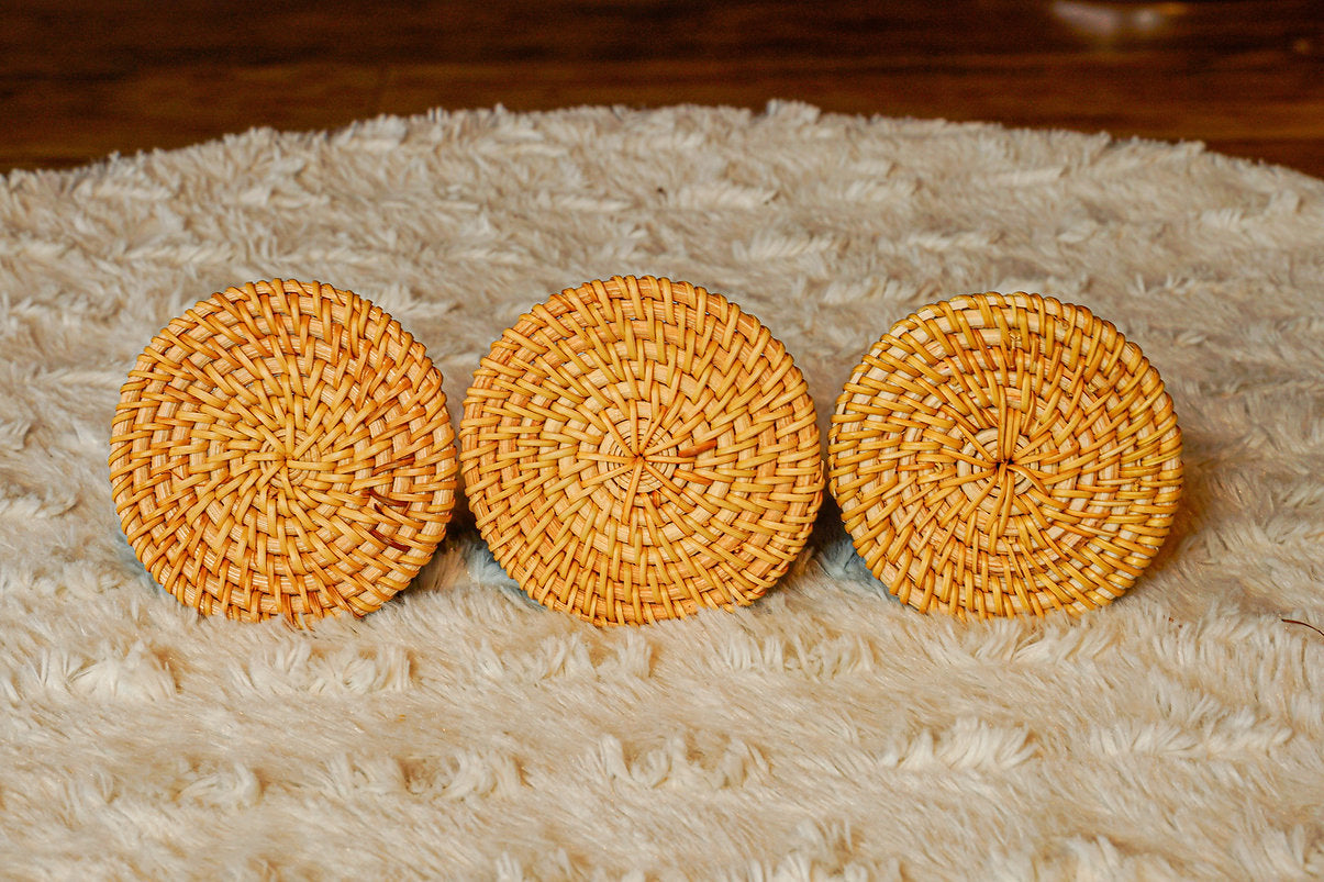 Set of 4 Premium Aligned Natural Handcrafted Rattan Coasters Set - maystudio