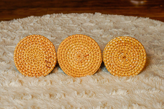 Set of 4 Premium Aligned Natural Handcrafted Rattan Coasters Set - maystudio
