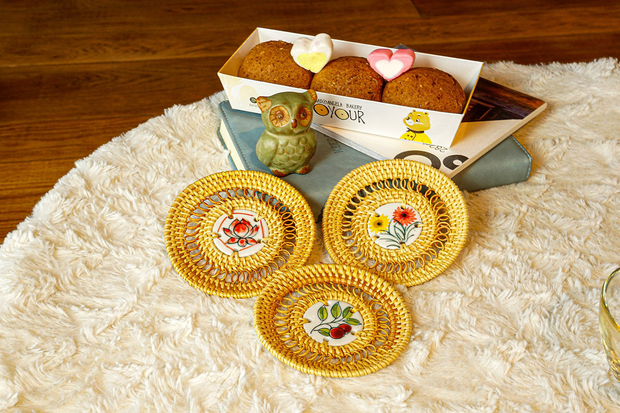 Set of 4 Premium Multiple Flower Handcrafted Rattan Coasters Set - maystudio