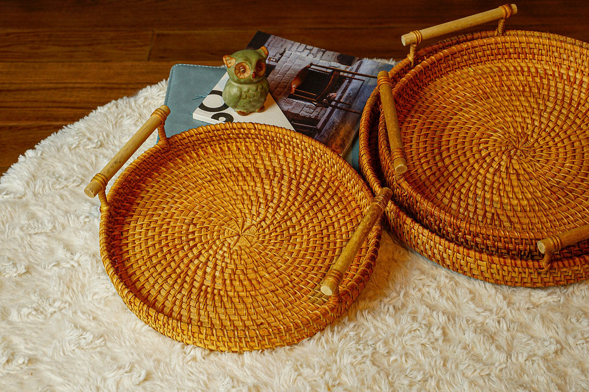 Set of 3 Round Natural Rattan Inlaid Handle Trays - maystudio