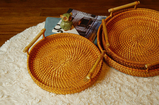 Set of 3 Round Natural Rattan Inlaid Handle Trays - maystudio