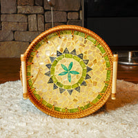 Set of 3 Round Blue Flower Rattan Inlaid Handle Trays with Cloud Pattern - maystudio