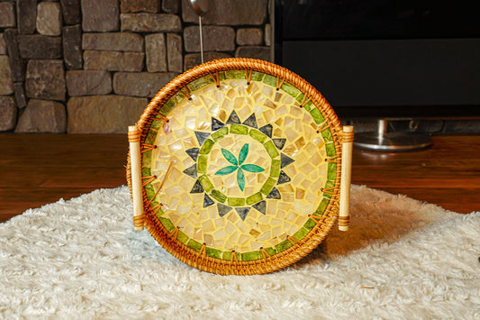 Set of 3 Round Blue Flower Rattan Inlaid Handle Trays with Cloud Pattern - maystudio