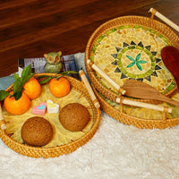 Set of 3 Round Blue Flower Rattan Inlaid Handle Trays with Cloud Pattern - maystudio