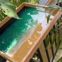 Acacia Wood Tea Tray with Resin Beach Ocean Design